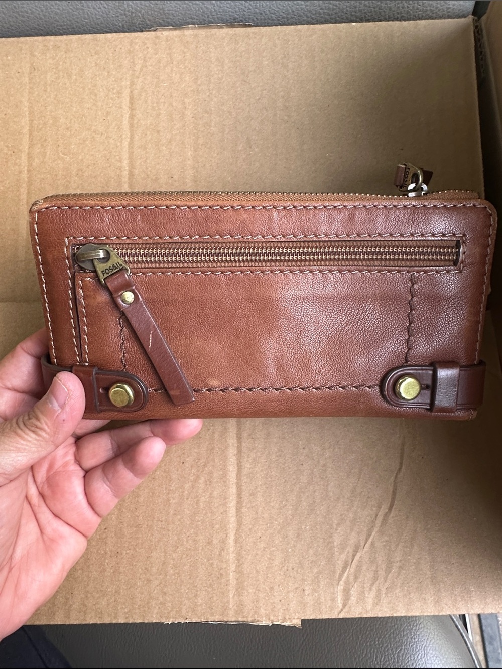 Fossil Tan Brown Leather Zip Wallet with Brass Accents